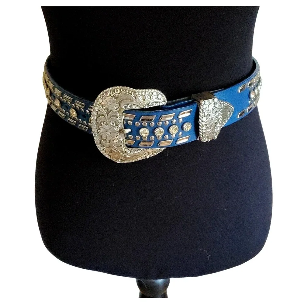 Nocona Blue Leather Belt 26 Crystal Studded Western Silver Floral Buckle Cowgirl